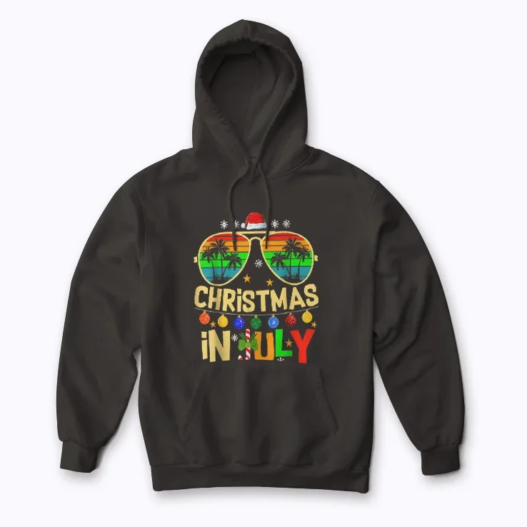 Santa Claus Sunglasses Beach Christmas in July hoodie showing Santa on the beach