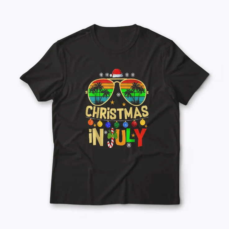 Santa Claus Sunglasses Beach Christmas in July T-shirt with festive beach design