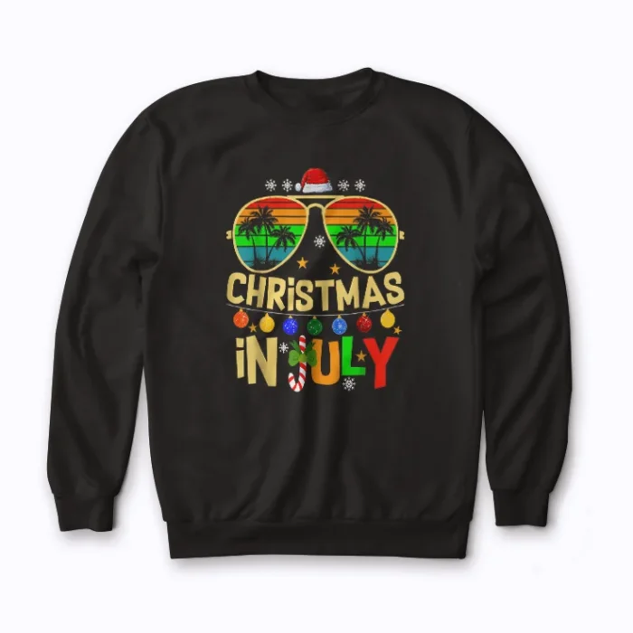 Santa Claus Sunglasses Beach Christmas in July sweatshirt with holiday beach theme