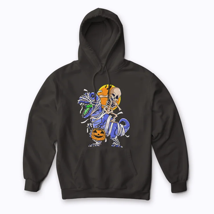 Skeleton Riding Mummy Dinosaur T rex Halloween hoodie for Halloween warmth