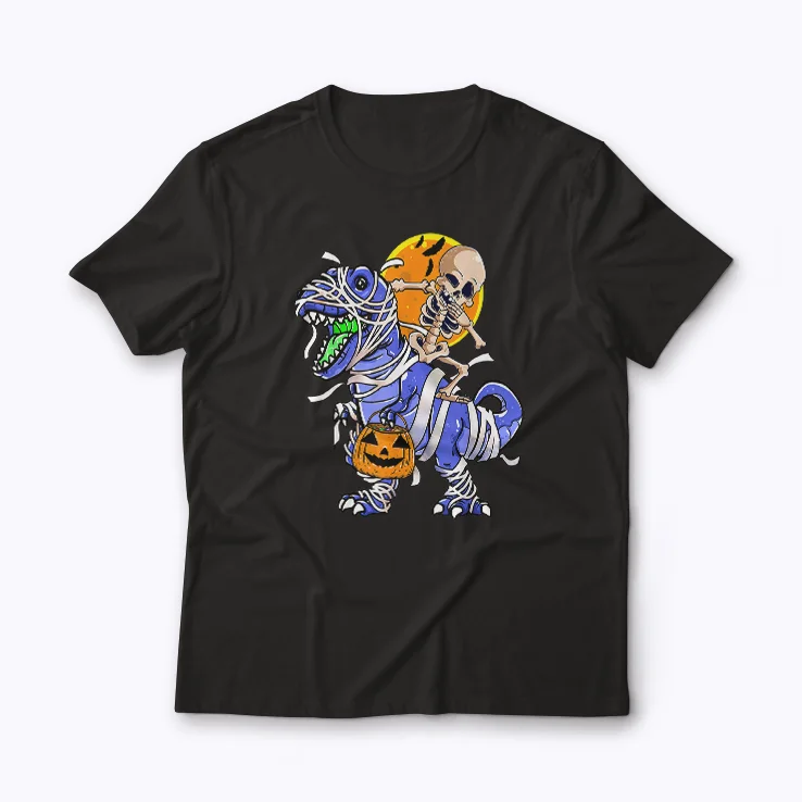Skeleton Riding Mummy Dinosaur T rex Halloween T-shirt for festive fun