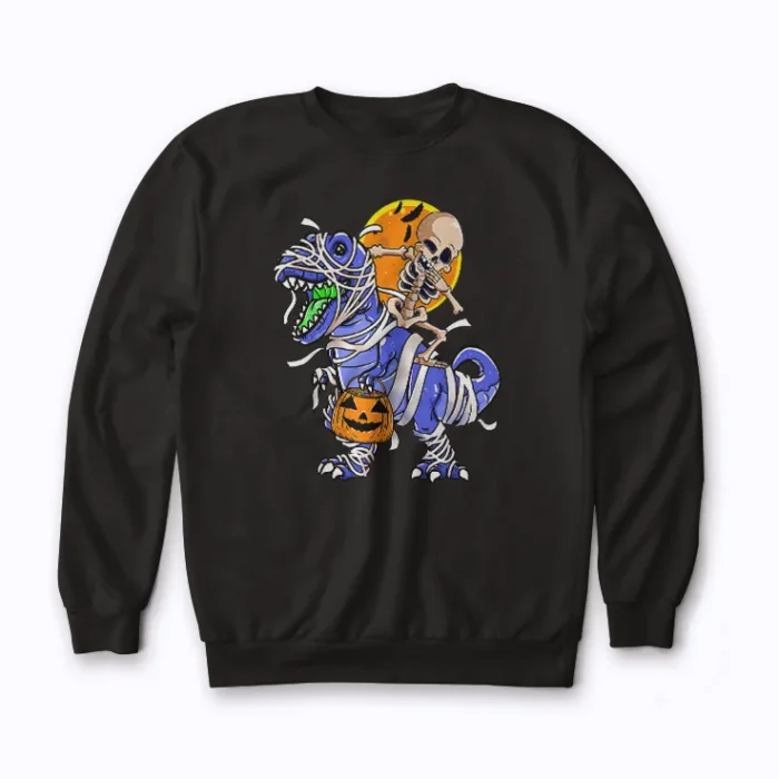 Skeleton Riding Mummy Dinosaur T rex Halloween sweatshirt for cozy style