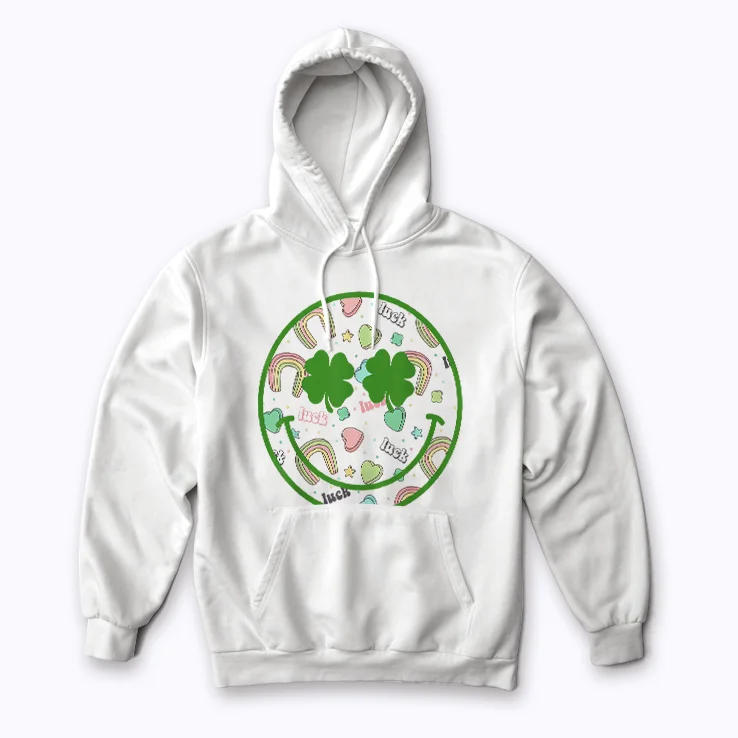 Smile Face Lucky Charm Saint Patricks Day Shamrock Hoodie with smiling face and clover emblem