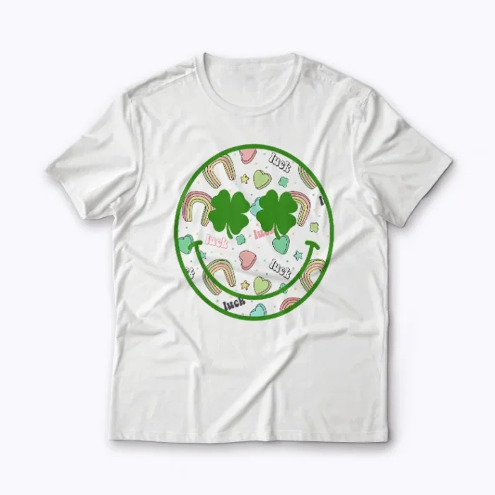 Smile Face Lucky Charm Saint Patricks Day Shamrock T-shirt featuring a smiling face and four‑leaf clover design