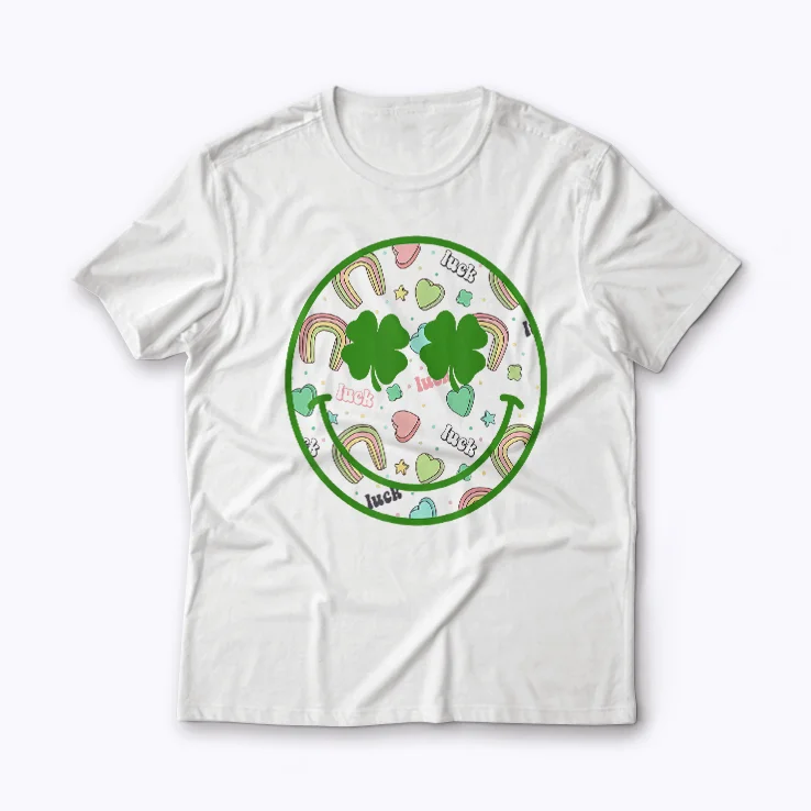 Smile Face Lucky Charm Saint Patricks Day Shamrock T-shirt featuring a smiling face and four‑leaf clover design