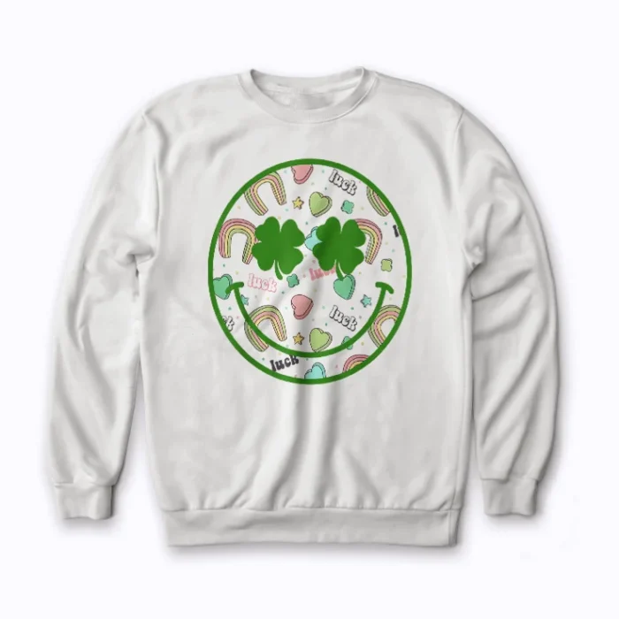 Smile Face Lucky Charm Saint Patricks Day Shamrock Sweatshirt showcasing a smiling face and shamrock