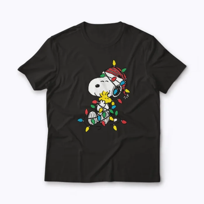 Snoopy Woodstock Christmas Lights T-shirt with festive holiday design