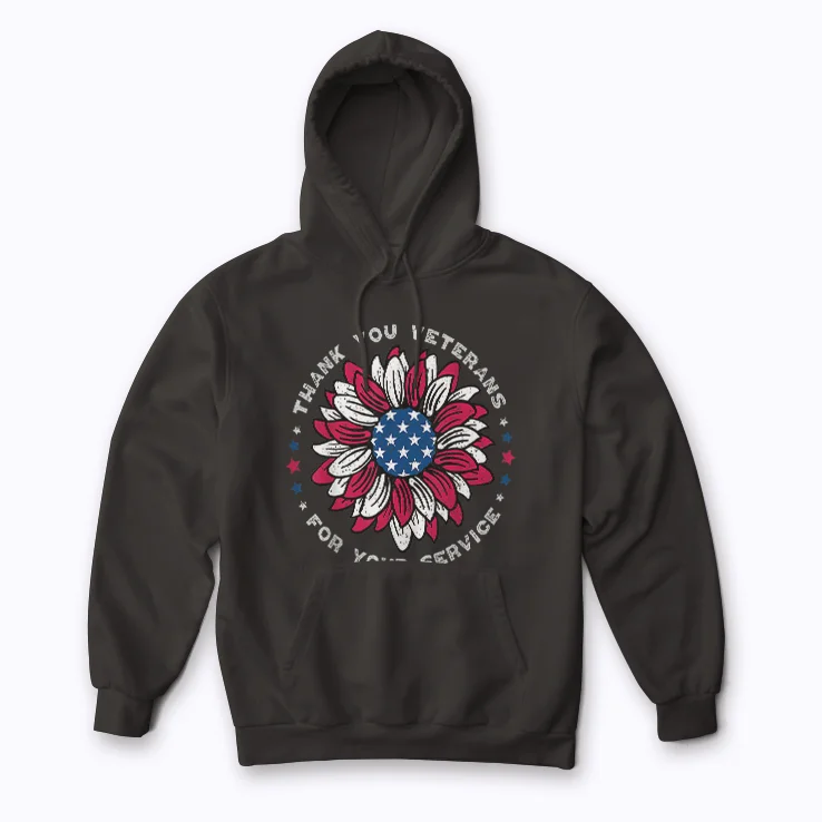 Thank You Veterans Sunflower hoodie offering soft warmth and a striking sunflower emblem.
