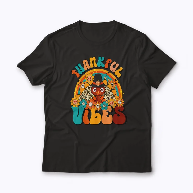 Thankful Vibes Turkey Rainbow Funny Retro shirt featuring a turkey and rainbow design