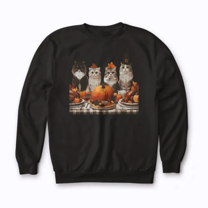Thanksgiving Cats Dinner Feast Vintage Fall sweatshirt with vintage fall cats artwork