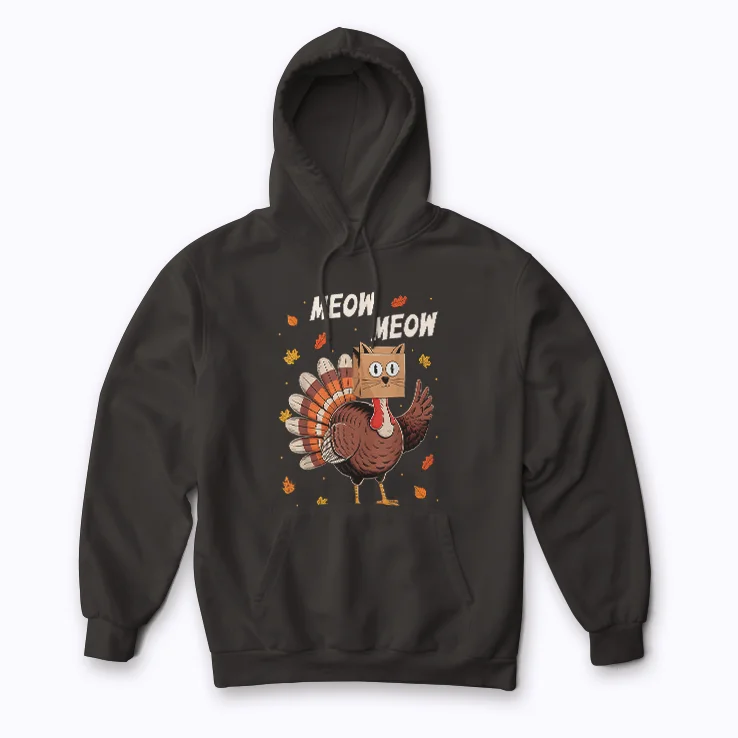 Thanksgiving Turkey Cat Meow Funny hoodie featuring a cat in turkey costume