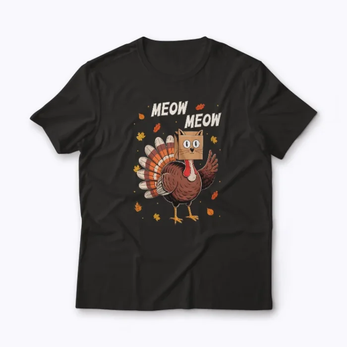 Thanksgiving Turkey Cat Meow Funny T-shirt with playful cat and turkey design