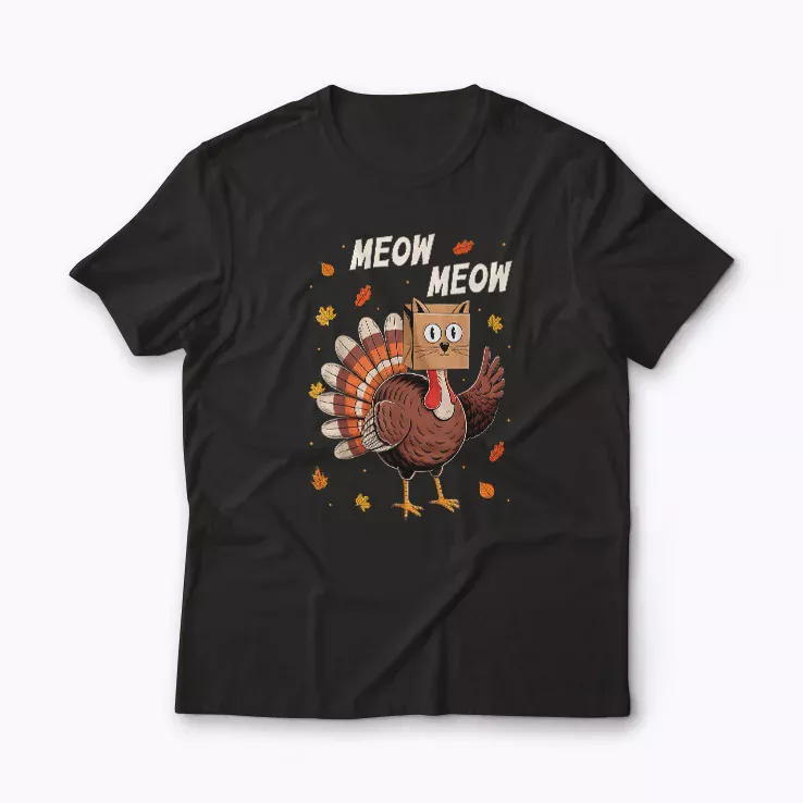 Thanksgiving Turkey Cat Meow Funny T-shirt with playful cat and turkey design