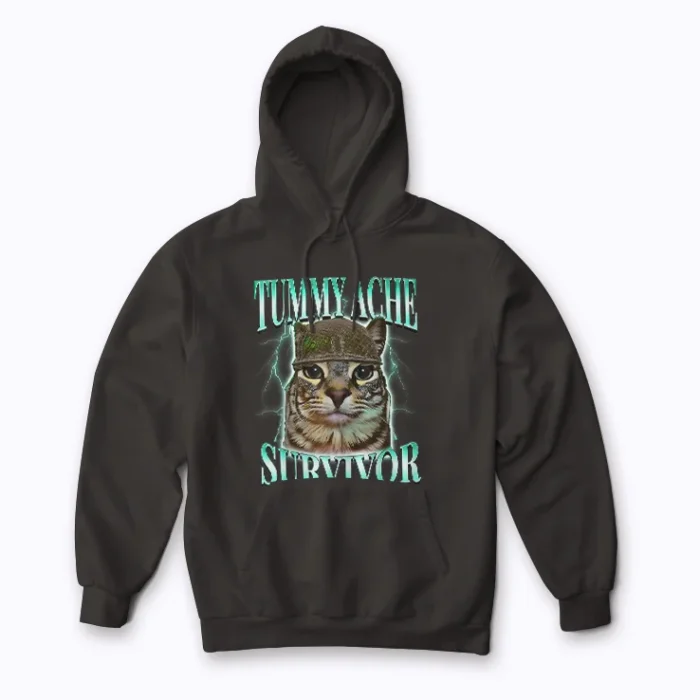 Tummy Ache Survivor Cat Meme Funny Hoodie with a funny cat meme.