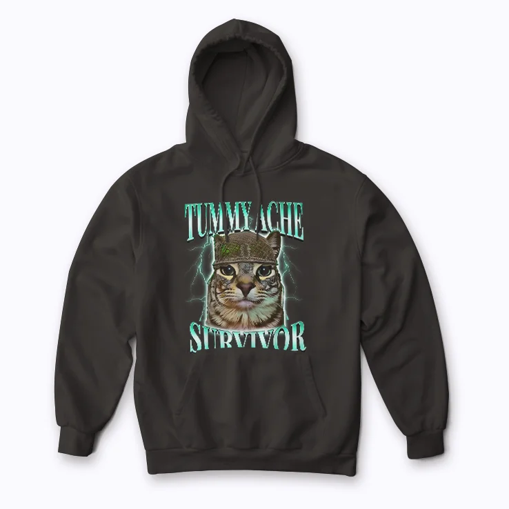 Tummy Ache Survivor Cat Meme Funny Hoodie with a funny cat meme.