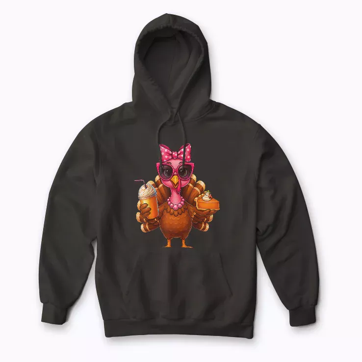 Turkey Drinking Coffee Bow Thanksgiving hoodie featuring turkey sipping coffee with bow