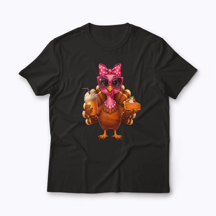 Turkey Drinking Coffee Bow Thanksgiving T-shirt with festive turkey and bow graphic