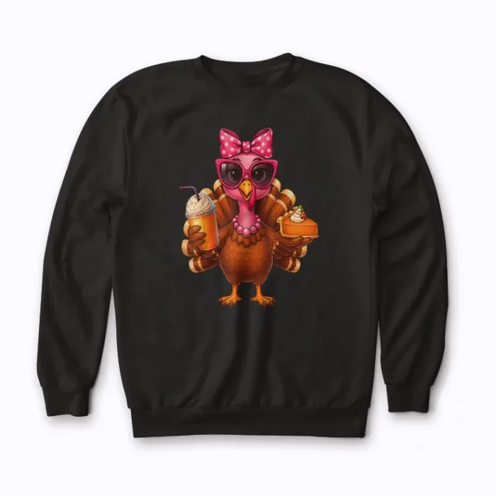 Turkey Drinking Coffee Bow Thanksgiving sweatshirt with cheerful turkey and bow design