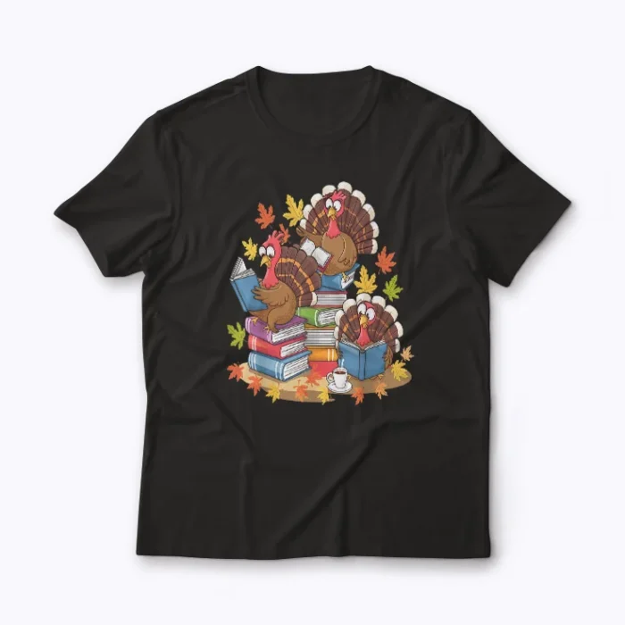 Turkey Reading Books Fall Thanksgiving Teacher Book T-shirt featuring a festive turkey and books for teachers