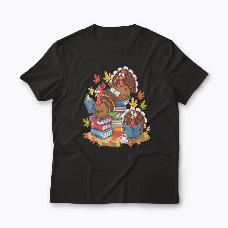 Turkey Reading Books Fall Thanksgiving Teacher Book T-shirt featuring a festive turkey and books for teachers