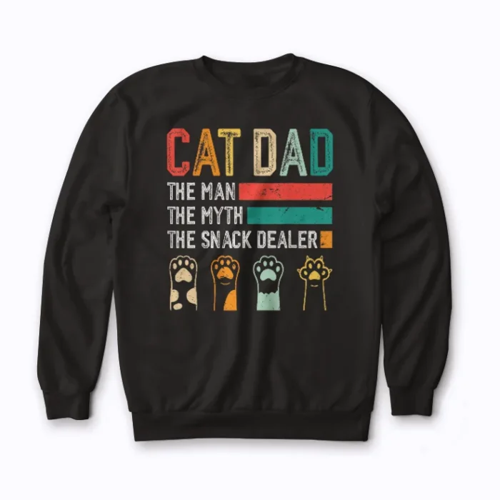 Vintage Cat Dad Snack Dealer Sweatshirt showcasing a cat snack graphic