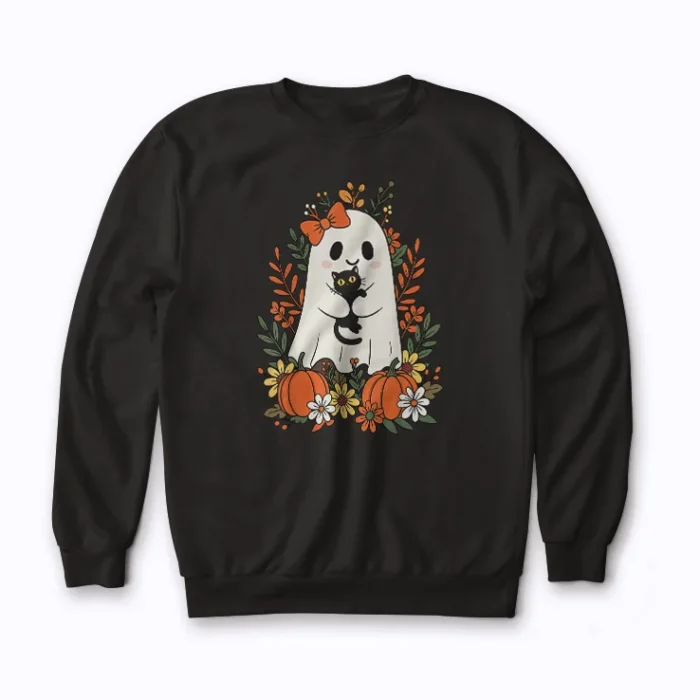 Vintage Halloween Ghost Holding Black Cat sweatshirt for cozy fall style